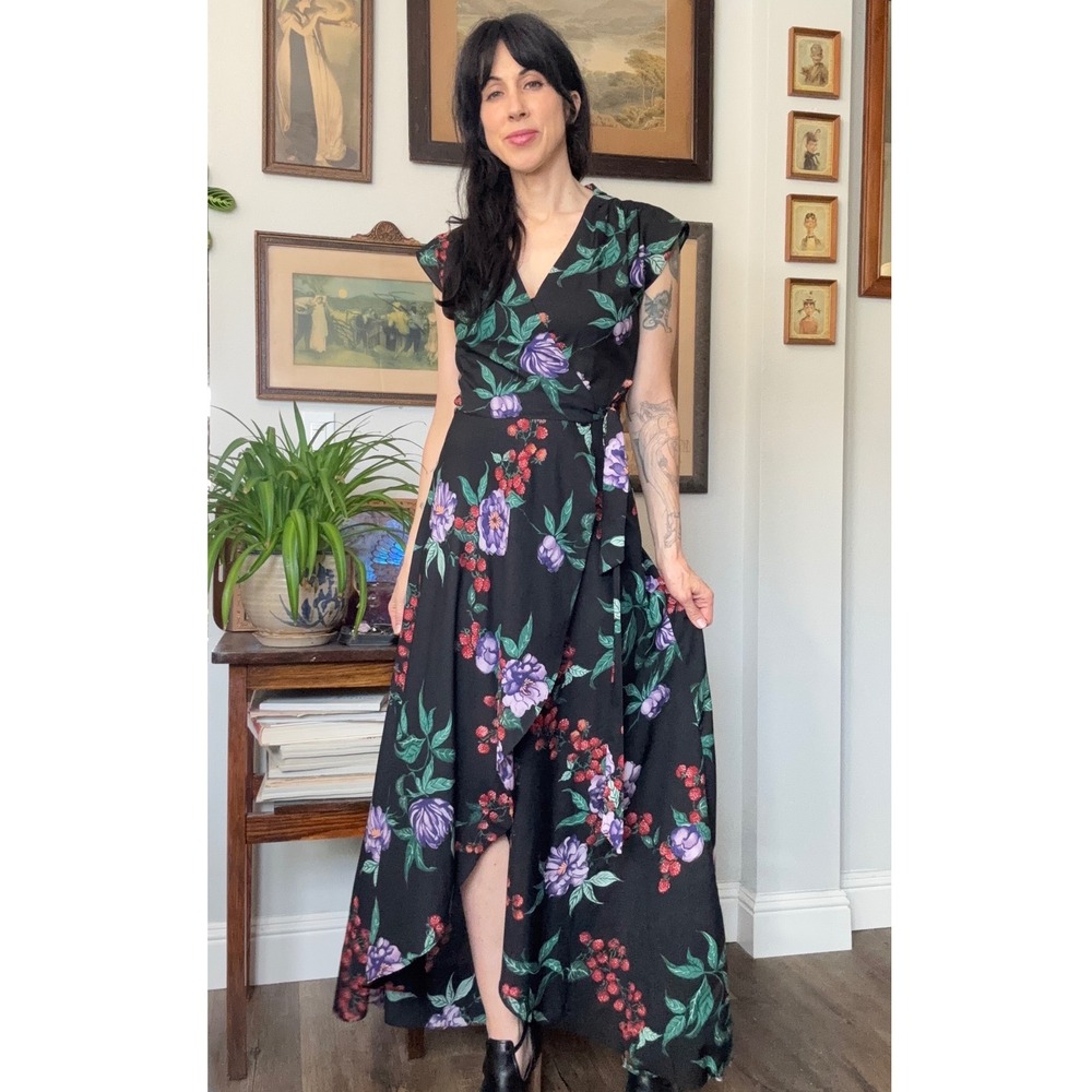 Vintage 70s Tere Tereba Malibu Media Floral Wrap Dress Raspberry Maxi
